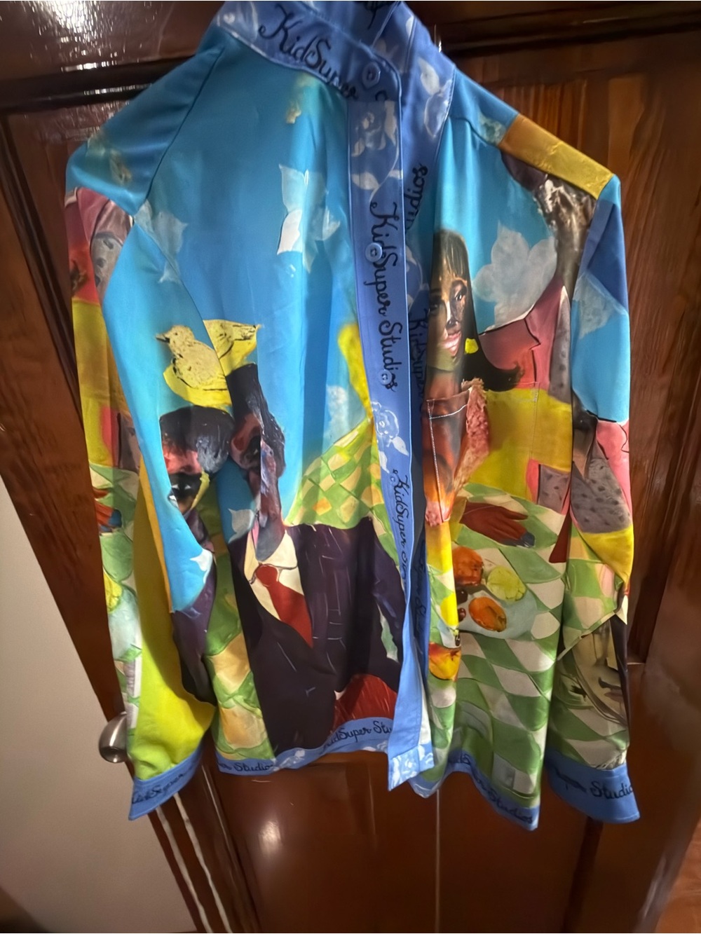 Artistic Multi-Color Casual Button-Down Shirt with Blue Accents